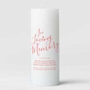 Wedding memorial coral orange white custom script pillar candle