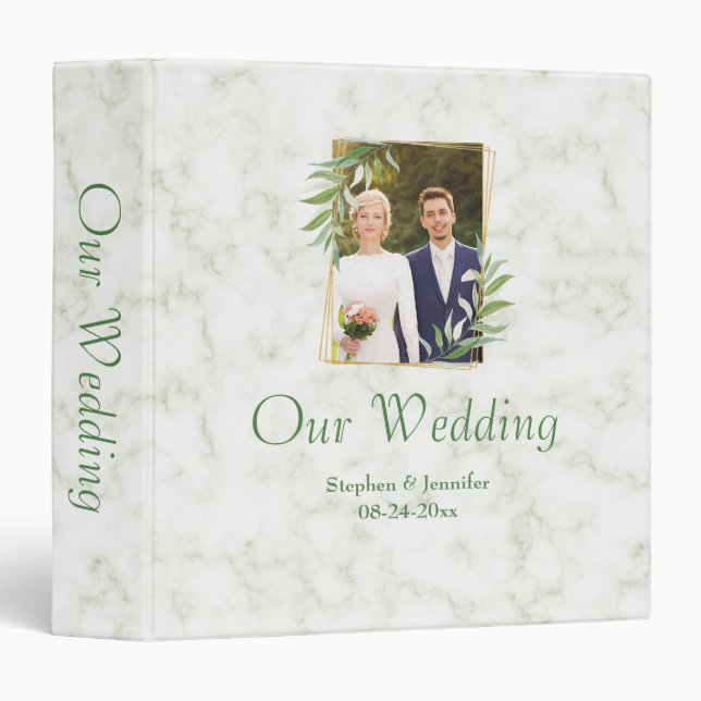 Wedding Memories Marble and Eucalyptus Photo 3 Ring Binder (Front/Spine)