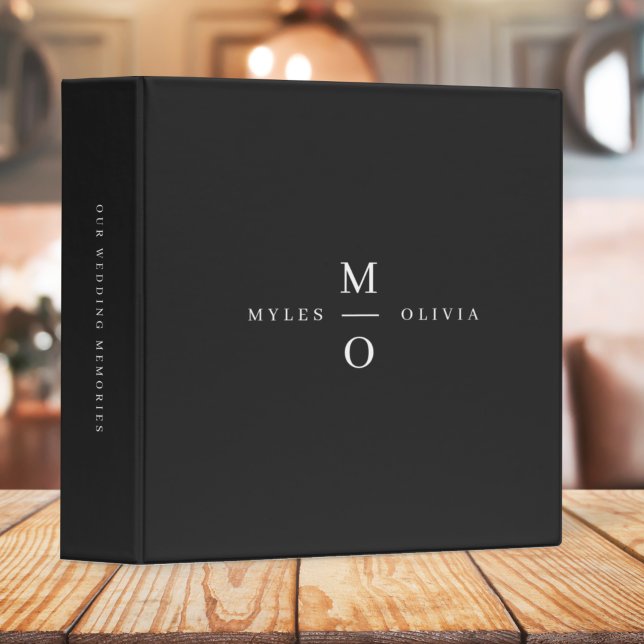 Wedding Memories Monogram Elegant Minimal Black 3 Ring Binder (Creator Uploaded)