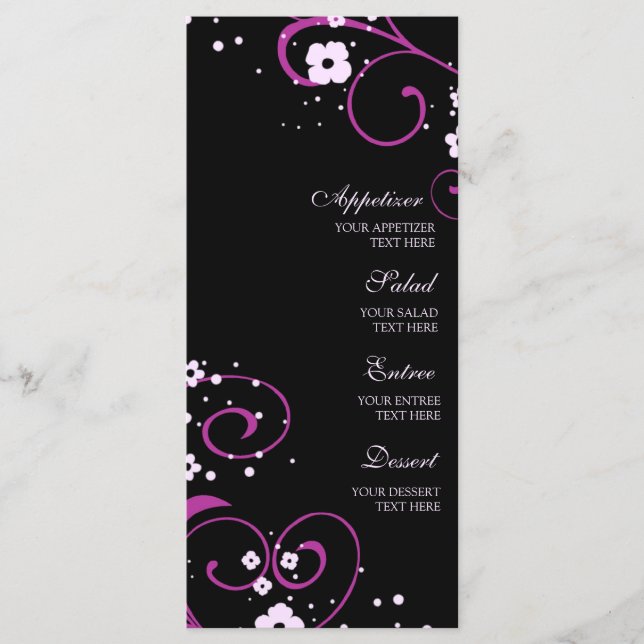 Wedding Menu Black and Pink Floral (Front)