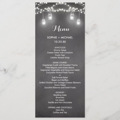 Wedding Menu Black White String Lights