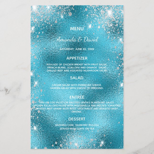 Wedding Menu blue metallic glitter dust elegant (Front)
