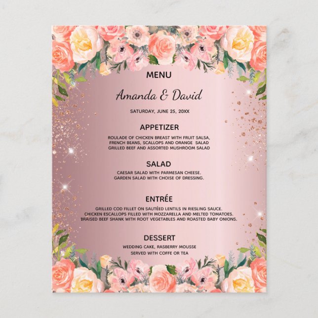 Wedding Menu blush pink floral glitter dusty rose  (Front)