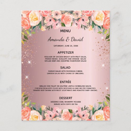 Wedding Menu blush pink floral glitter dusty rose 