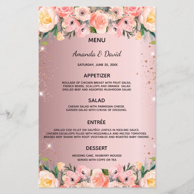 Wedding Menu blush pink floral glitter dusty rose (Front)