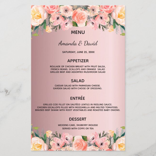 Wedding Menu blush pink florals dusty rose  (Front)
