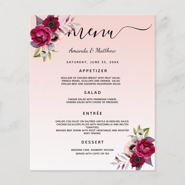 Wedding Menu blush pink rose gold burgundy florals (Front)