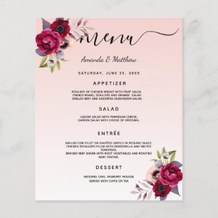 Wedding Menu blush pink rose gold burgundy florals