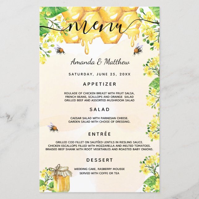 Wedding Menu bumble bees honeycomb florals (Front)