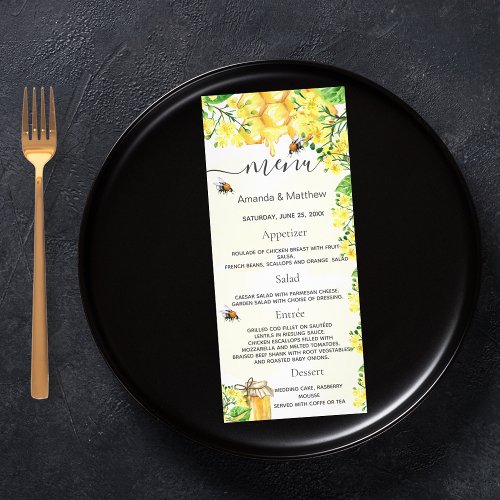 Wedding Menu bumble bees honeycomb florals