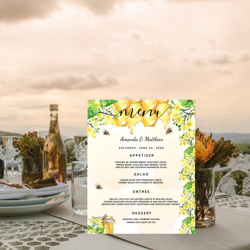 Wedding Menu bumble bees honeycomb florals