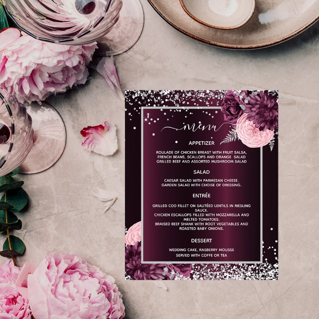 Wedding Menu burgundy silver flowers Flyer (Creator Uploaded)