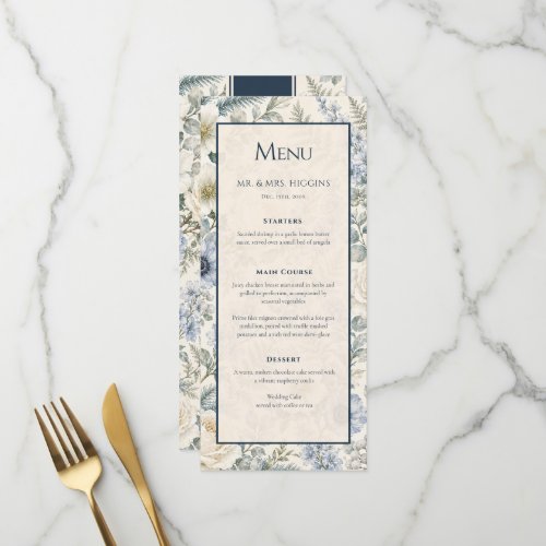 Wedding Menu Card | Blue Ivory Winter Floral