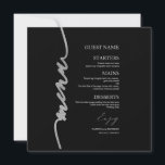 Wedding Menu Card Faux Glitter Silver Black<br><div class="desc">A simple chic calligraphy wedding menu card with guest name. PLEASE NOTE: customize this template one by one (adding the guest name ), and add each menu card separately to your cart. CUSTOMIZATION: If you need design customization, please get in touch with me via chat; if you need information about...</div>