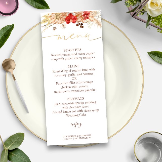 Wedding Menu Card Gilded Watercolor Boho Floral (Creator Uploaded)