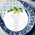 Wedding Menu Card Lemon and Amalfi Tile<br><div class="desc">This wedding menu card features a top boarder of watercolor lemons and botanicals. The card reverses to a Amalfi tile pattern. Use the template fields to DIY your personalized details. The elegant round design is a charming choice for Italy destination weddings. To see more custom Italian wedding dinner menus and...</div>