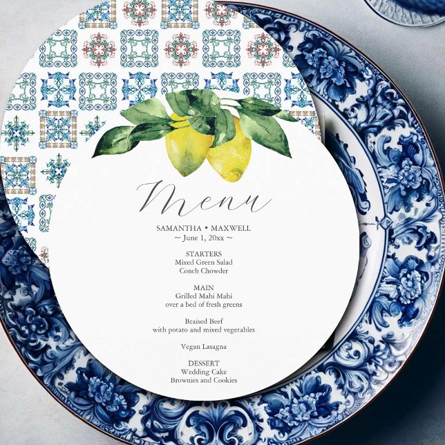 Wedding Menu Card Lemon and Amalfi Tile (Menu card watercolor lemons with Mediterranean themed print by Victoria Grigaliunas Do Tell A Belle)