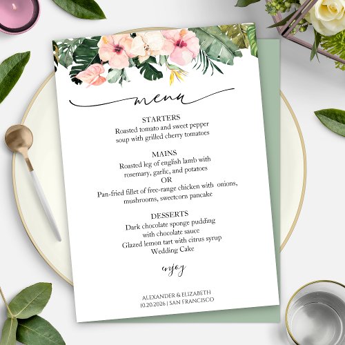 Wedding Menu Card Palm Leaves Hibiscus Tropical