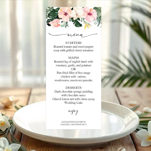 Wedding Menu Card Palm Leaves Hibiscus Tropical (Creator Uploaded)
