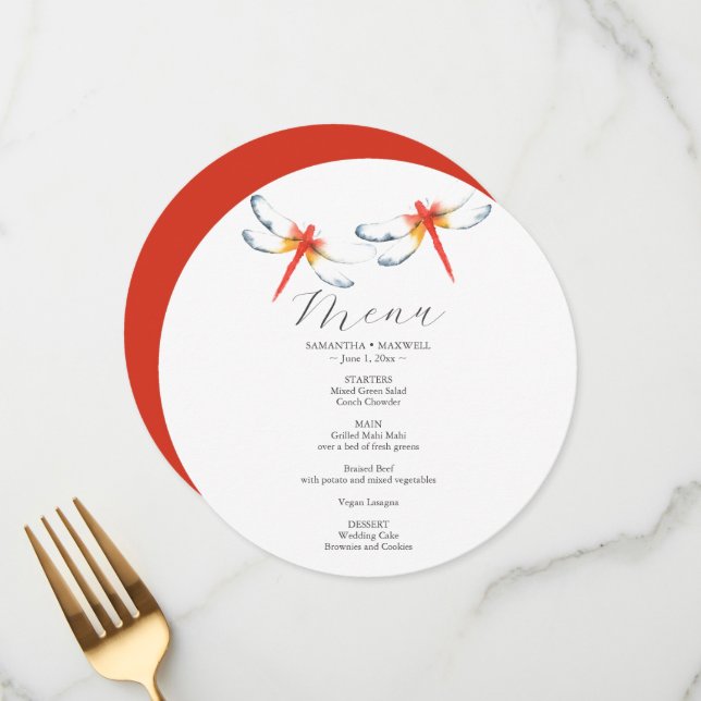 Wedding Menu Card Red Dragonfly (Front/Back In Situ)