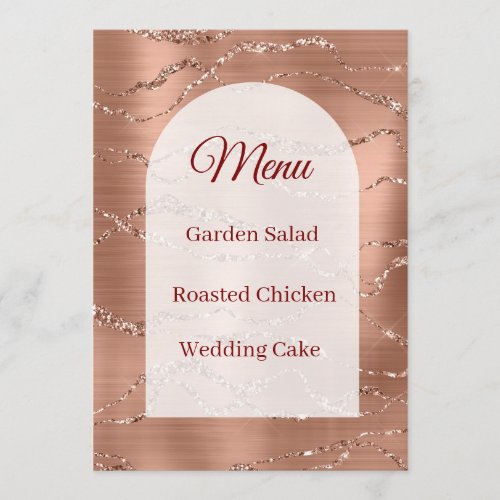 Wedding Menu Card Rose Gold Glitter White Arch