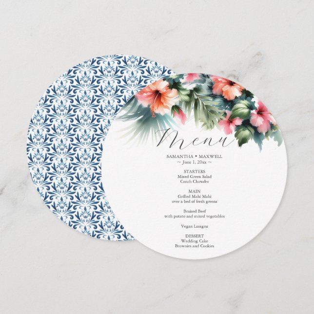 Wedding Menu Card Watercolor Hibiscus Flowers (Front/Back)