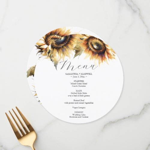 Wedding Menu Card Watercolor Sunflowers