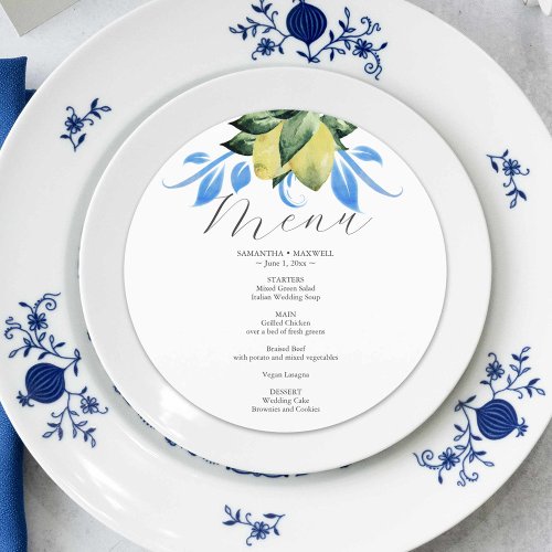 Wedding Menu Cards Blue and Yellow Lemons