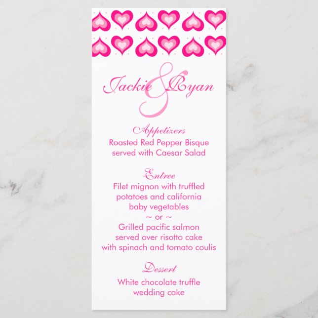 Wedding Menu Cards Cute Hearts Pink (Front)