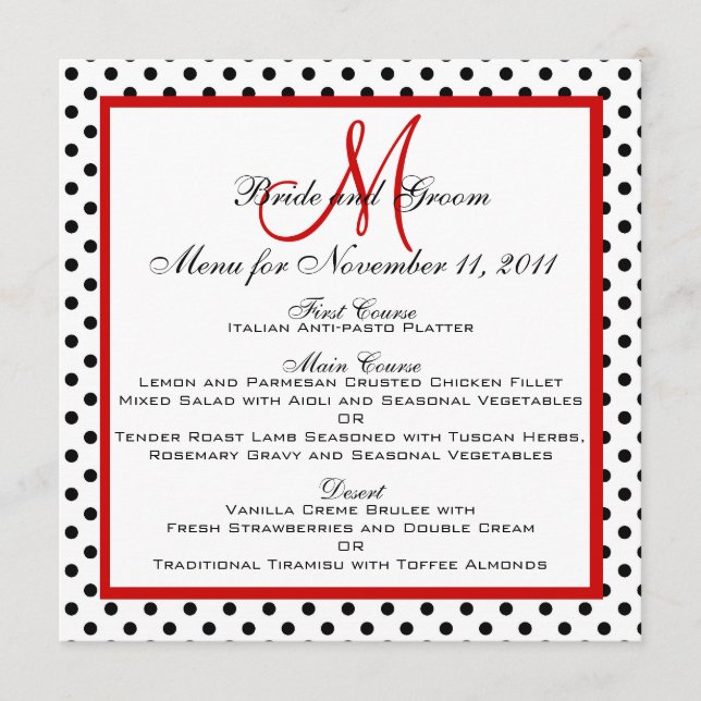 Wedding Menu Cards Dots Red Monogram Square (Front)