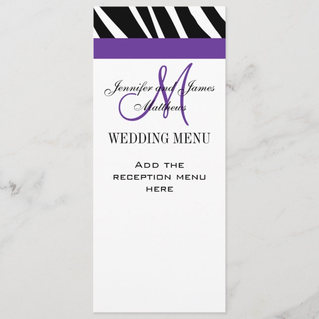 Wedding Menu Cards Purple Monogram Zebra (Front)