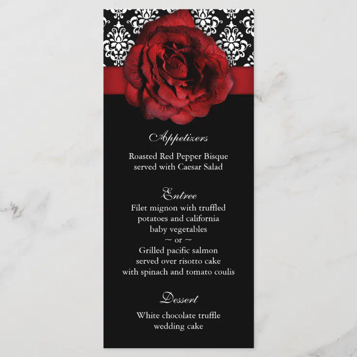 Wedding Menu Cards Red Rose Damask | Zazzle
