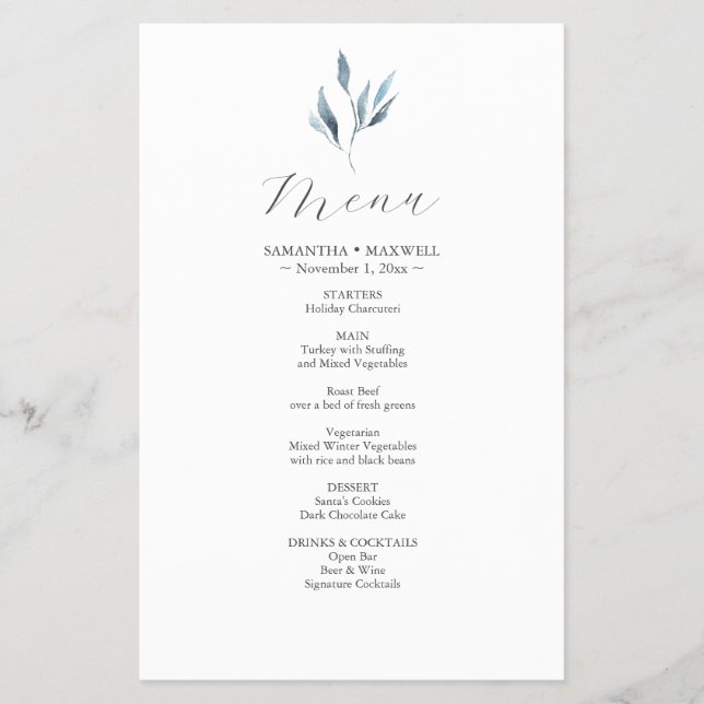 Wedding Menu Cards Watercolor Botanical Leaves Flyer (Front)