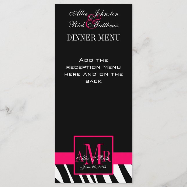 Wedding Menu Cards Zebra Pink Monogram (Front)