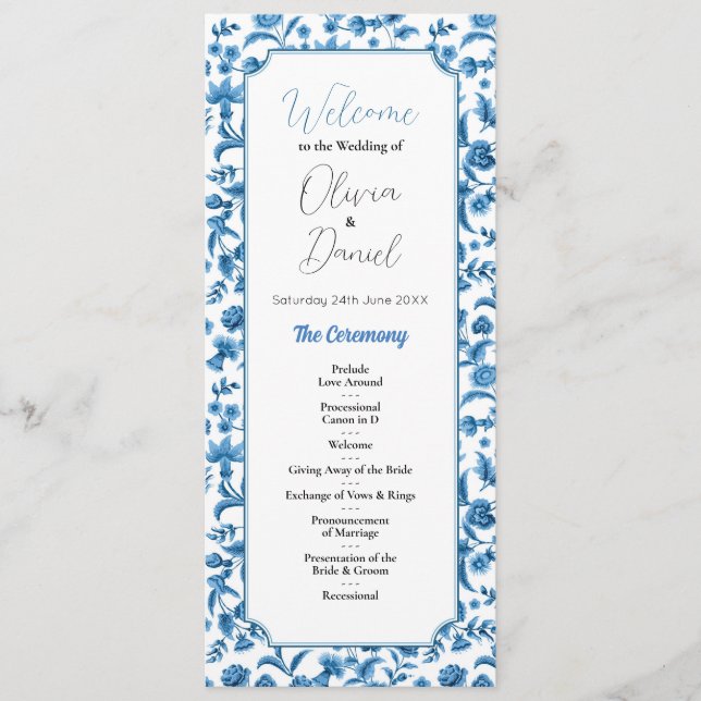 Wedding Menu Ceremony Chintz Blue & White Floral  (Front)