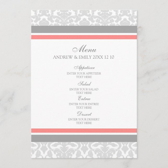 Wedding Menu Coral Gray Floral Damask (Front)