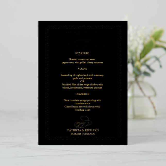 Wedding Menu Elegant Calligraphy Real Foil Card (Standing Front)