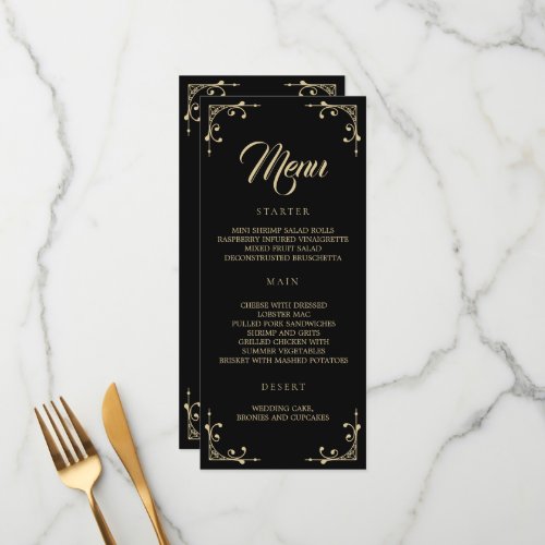 Wedding Menu Elegant Deco Gold Retro Black 