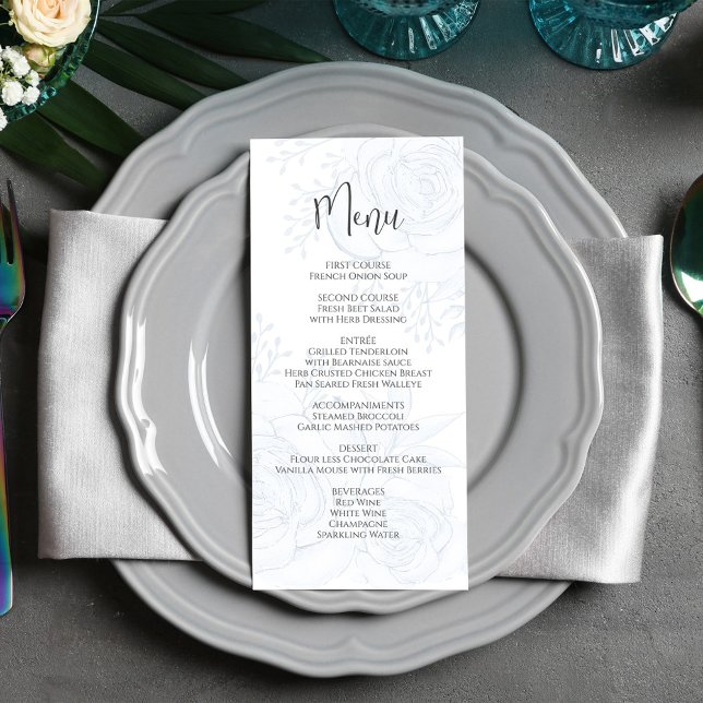 Wedding Menu Elegant Script Blue Floral (Elegant blue floral menu card with calligraphy and simple block-style lettering. )