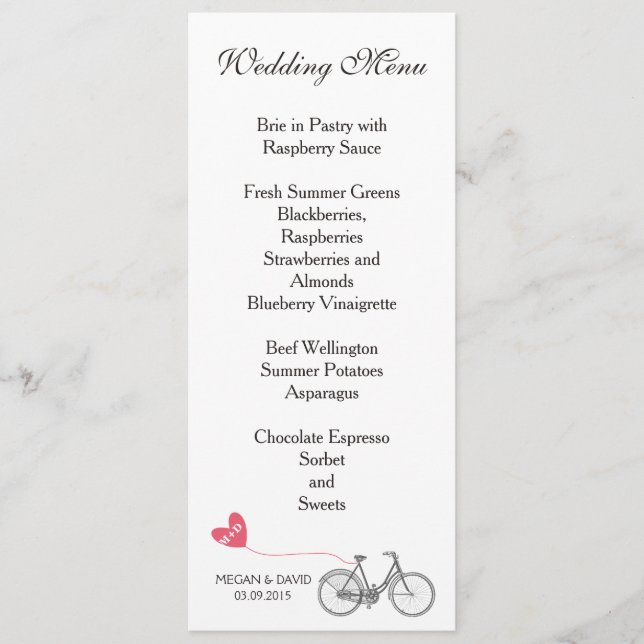 Wedding Menu elegant white romantic bike (Front)