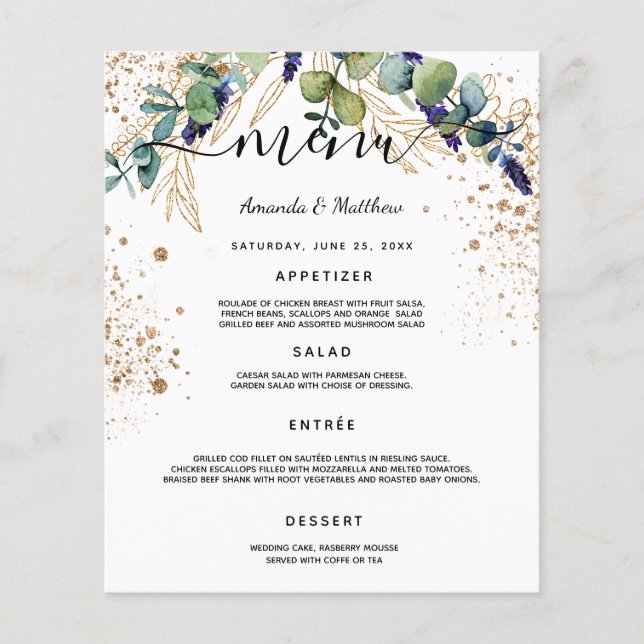 Wedding Menu eucalyptus greenery gold glitter (Front)