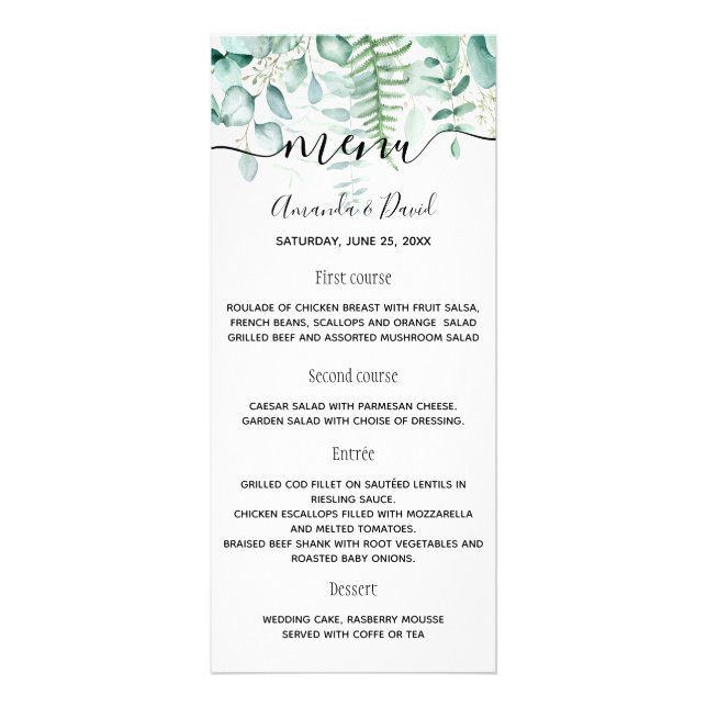 Wedding Menu eucalyptus greenery woodland ferns (Front)