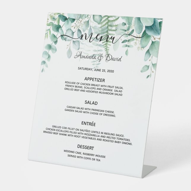 Wedding Menu eucalyptus greenery woodland ferns Pedestal Sign (Front)