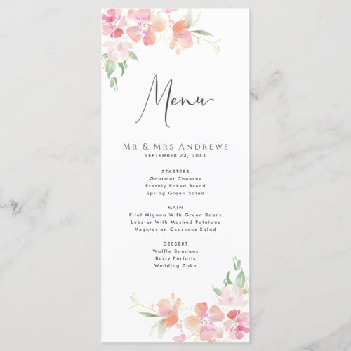 Wedding Menu  Floral Blush Pink  Coral