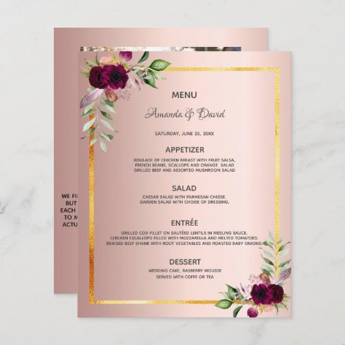Wedding Menu floral rose gold photo our story