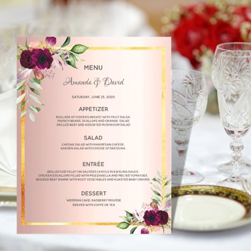 Wedding Menu florals burgundy rose gold elegant