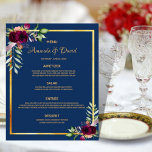 Wedding Menu florals navy blue burgundy<br><div class="desc">An elegant bohemian boho style wedding menu card. Feathers and lush watercolored roses in burgundy.  Templates for your names,  date and the wedding menu. A faux gold frame and a chic navy blue background.  Golden colored letters.
Back: navy blue background.</div>