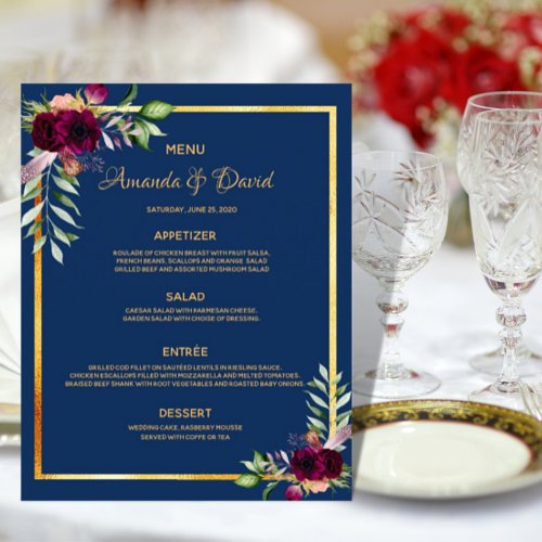 Wedding Menu florals navy blue burgundy