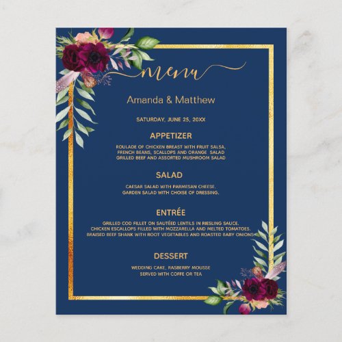 Wedding Menu florals navy blue burgundy gold