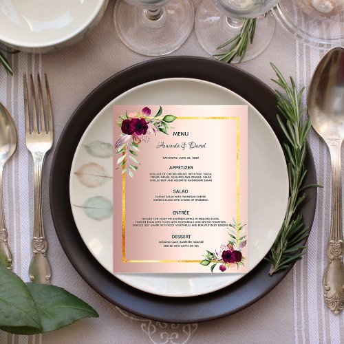Wedding Menu florals rose gold burgundy budget Flyer